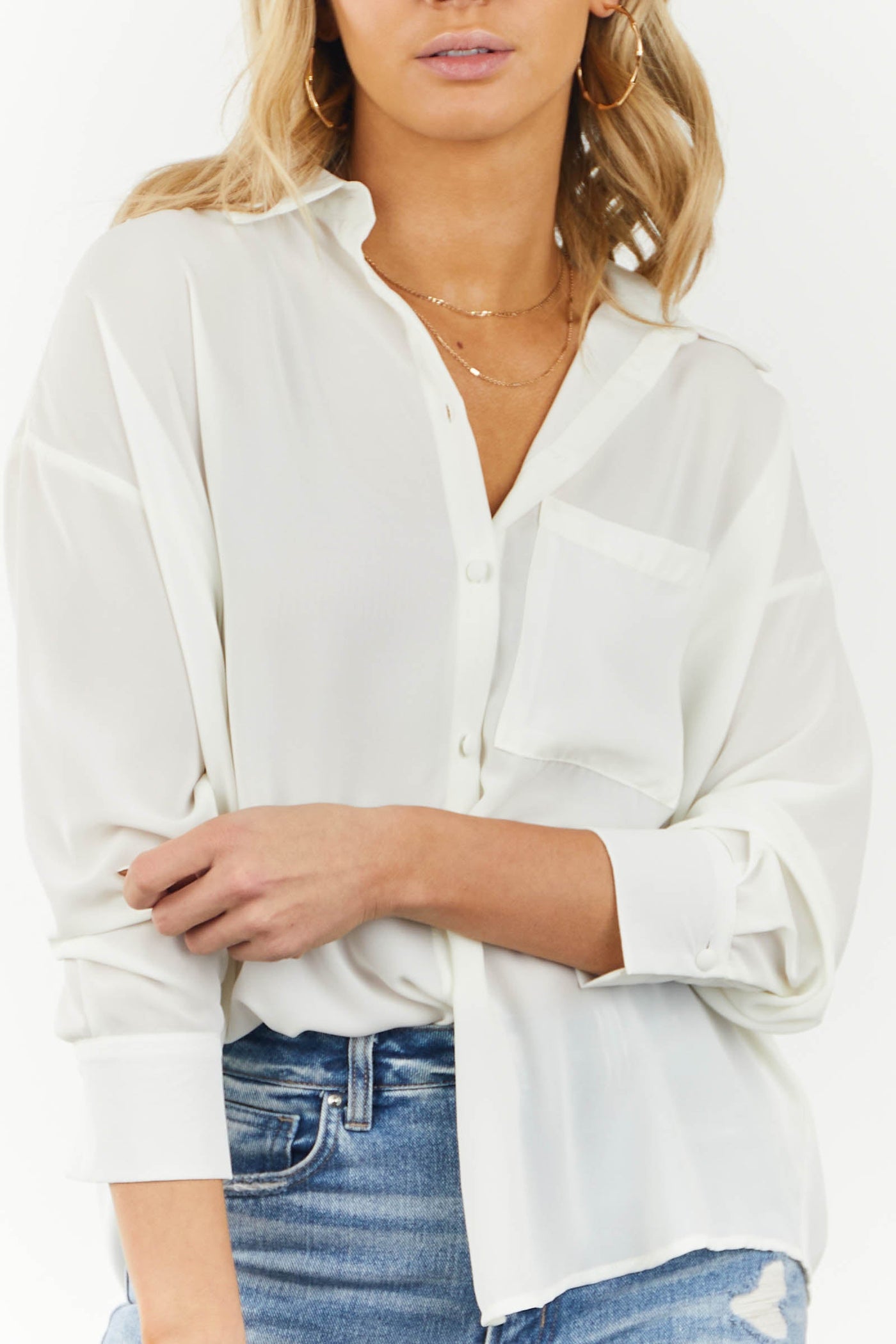 Ivory Chest Pocket Button Down Blouse