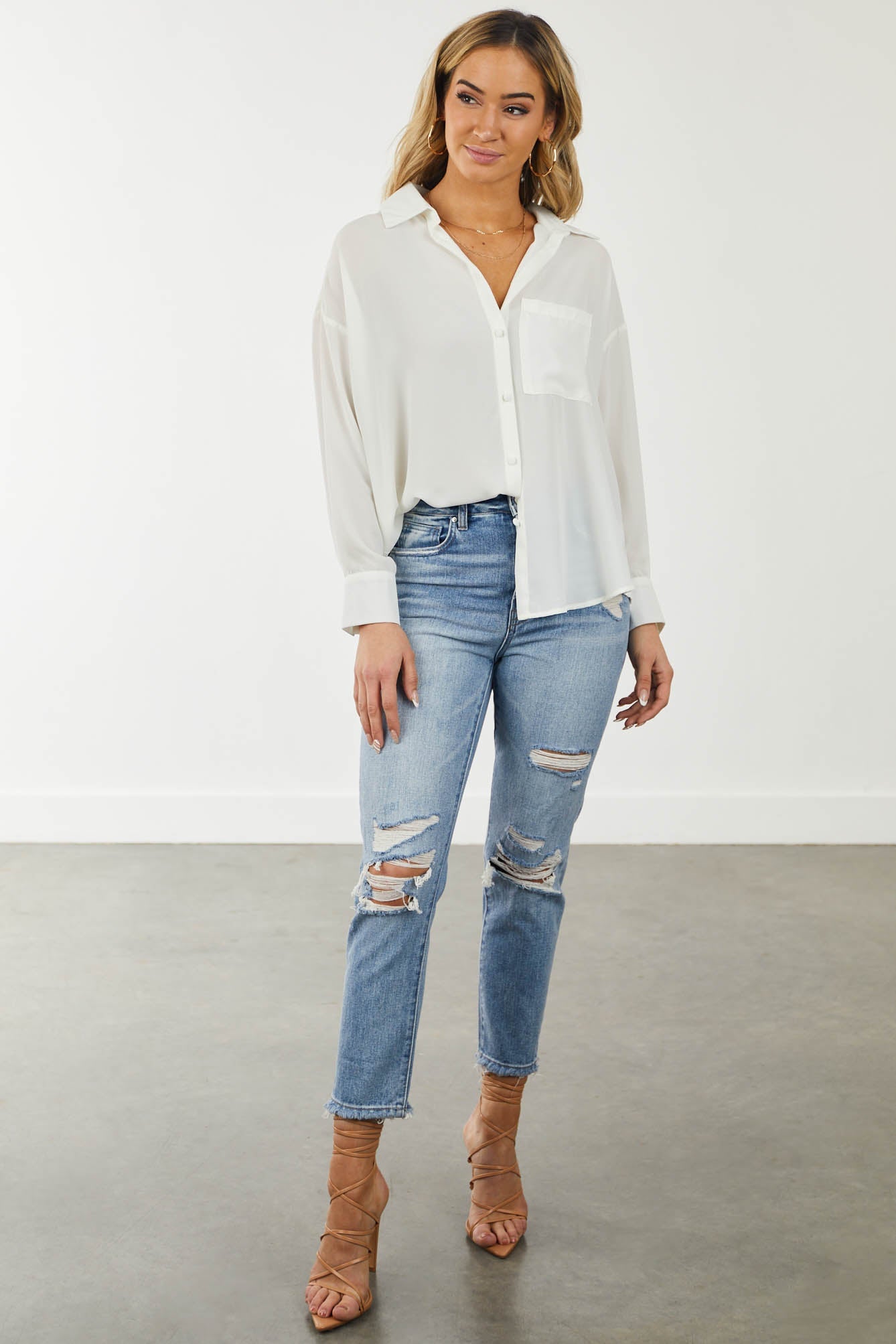 Ivory Chest Pocket Button Down Blouse