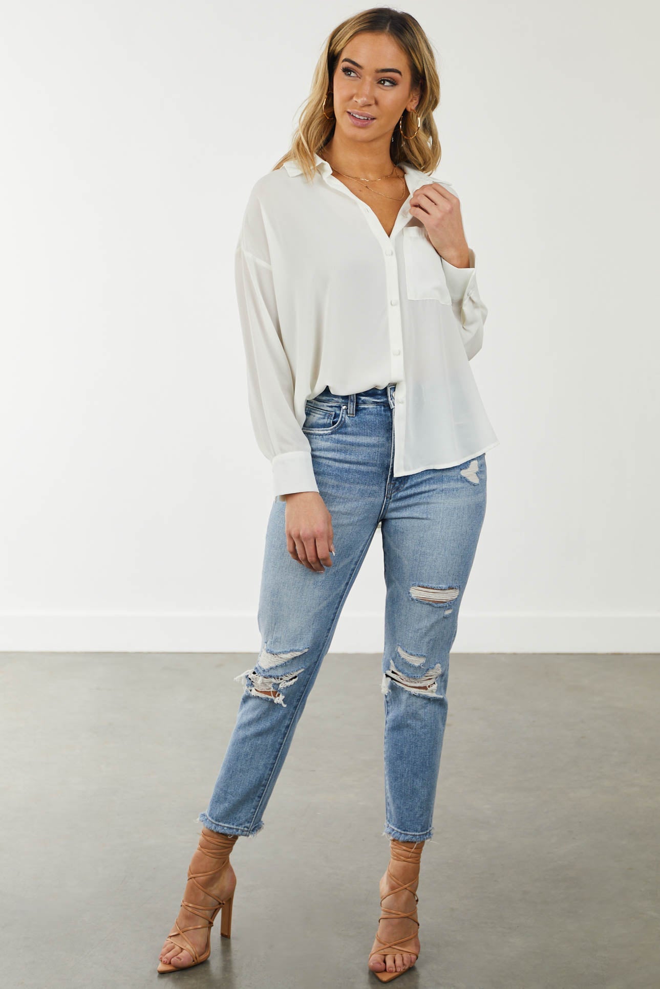 Ivory Chest Pocket Button Down Blouse