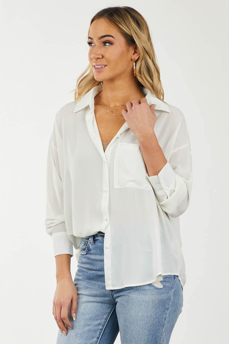 Ivory Chest Pocket Button Down Blouse