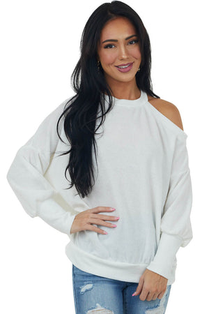Ivory Cold Shoulder Fuzzy Banded Sweater