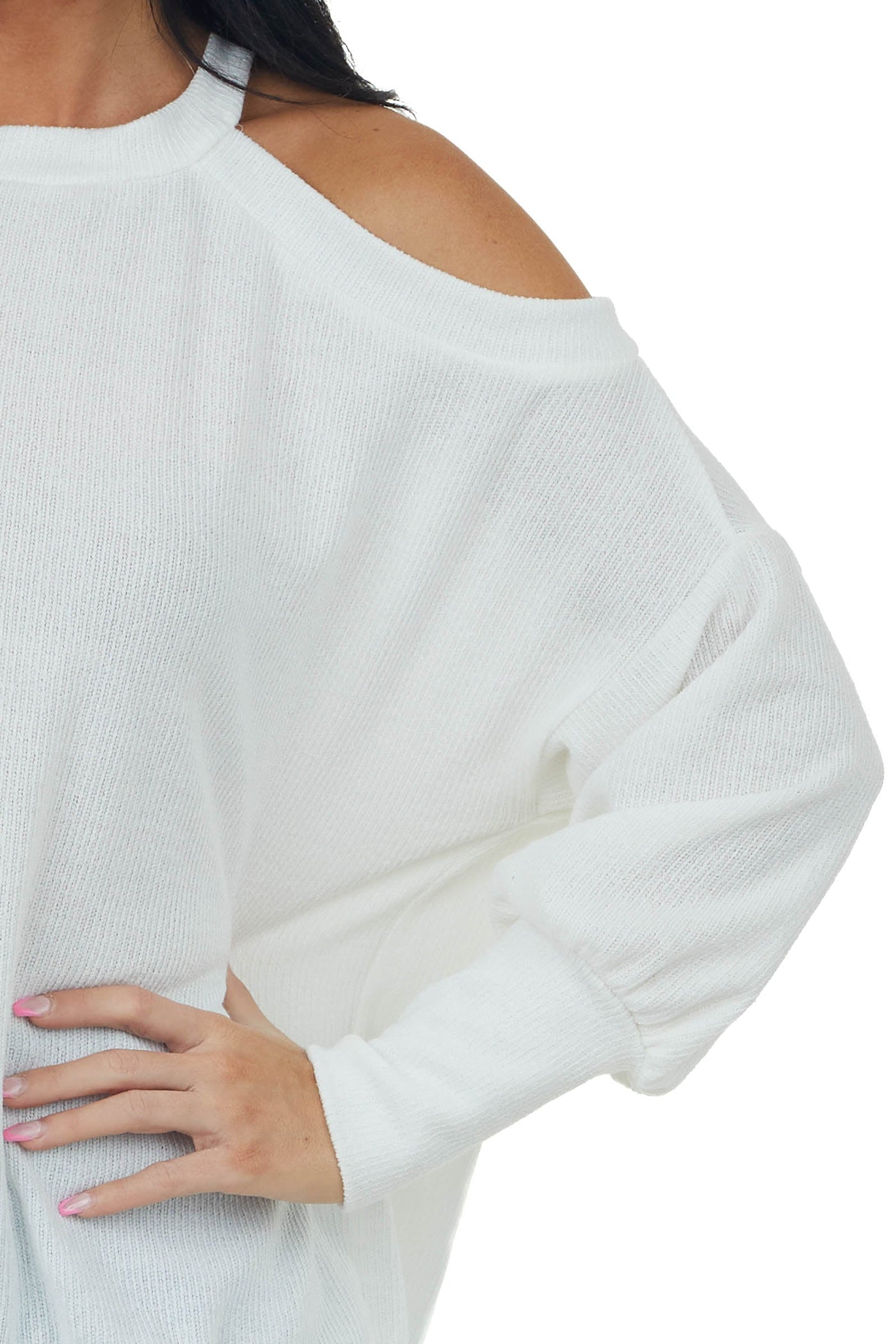 Ivory Cold Shoulder Fuzzy Banded Sweater