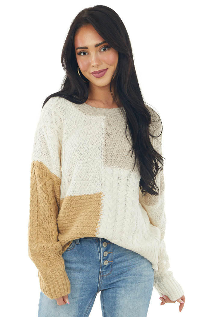 Ivory Colorblock Loose Cozy Cable Knit Sweater