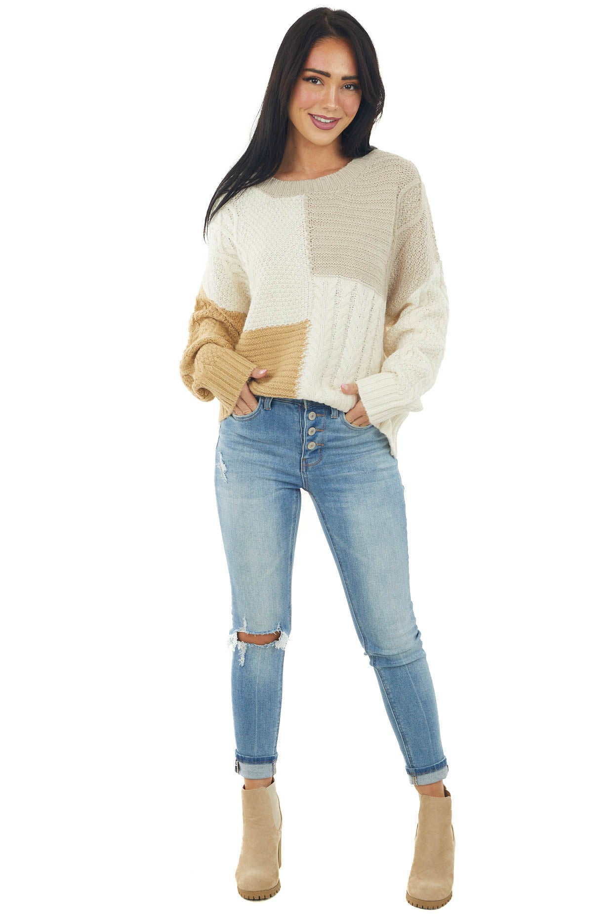 Ivory Colorblock Loose Cozy Cable Knit Sweater