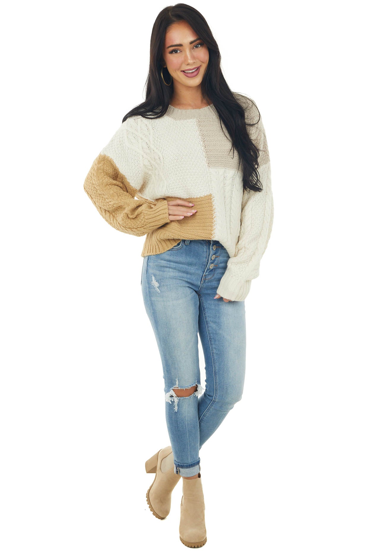 Ivory Colorblock Loose Cozy Cable Knit Sweater