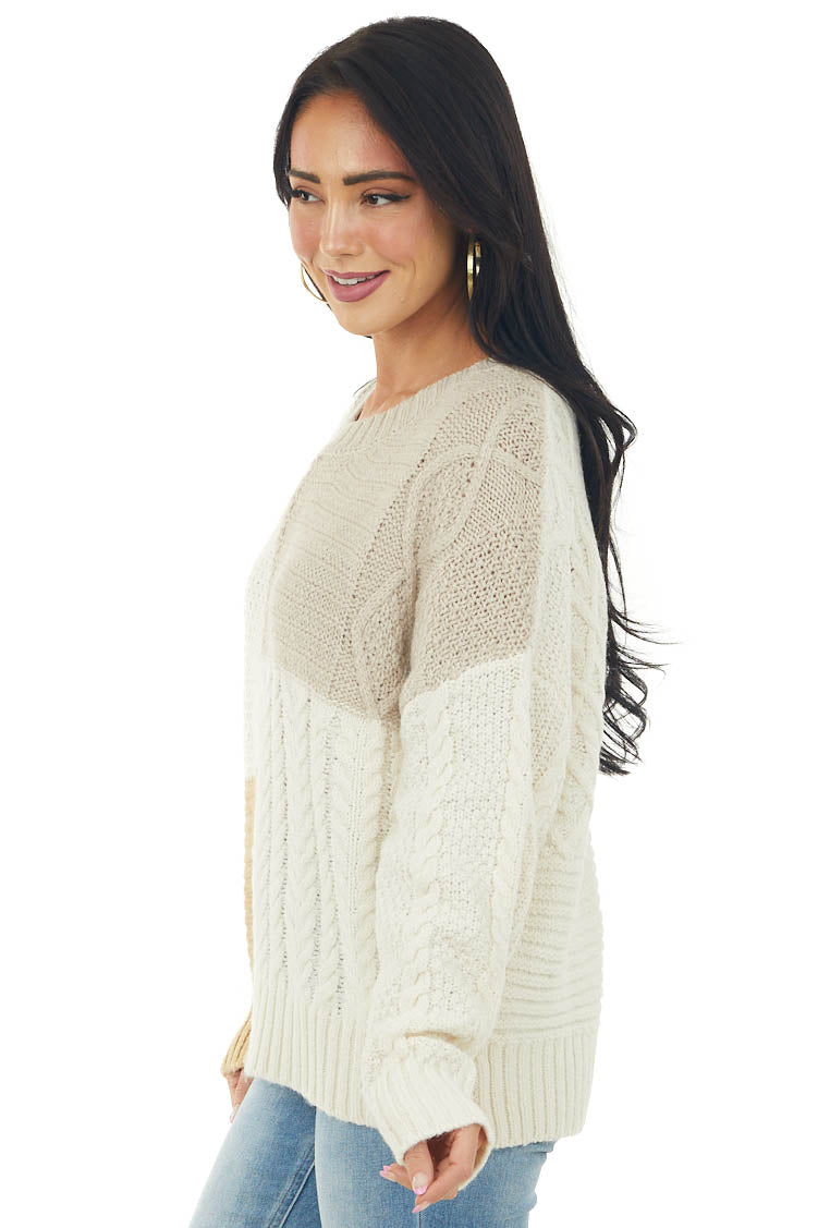 Ivory Colorblock Loose Cozy Cable Knit Sweater