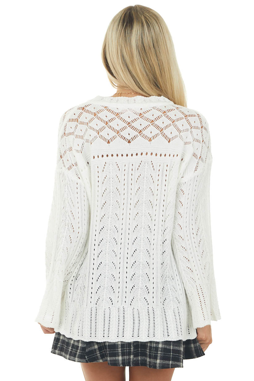 Ivory Crochet Knit Bell Sleeve Lightweight Sweater