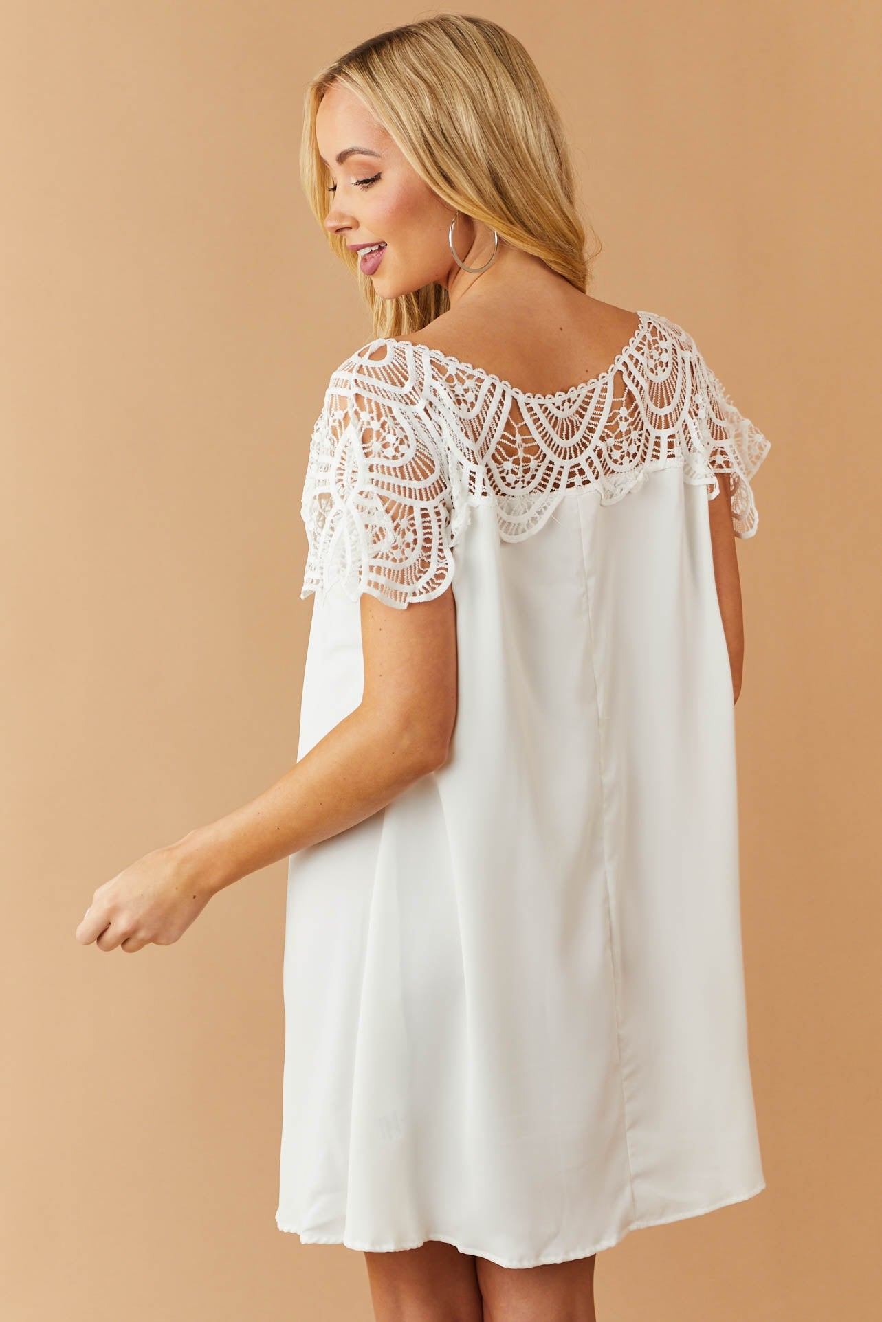 Ivory Crochet Lace Yoke Woven Shift Dress