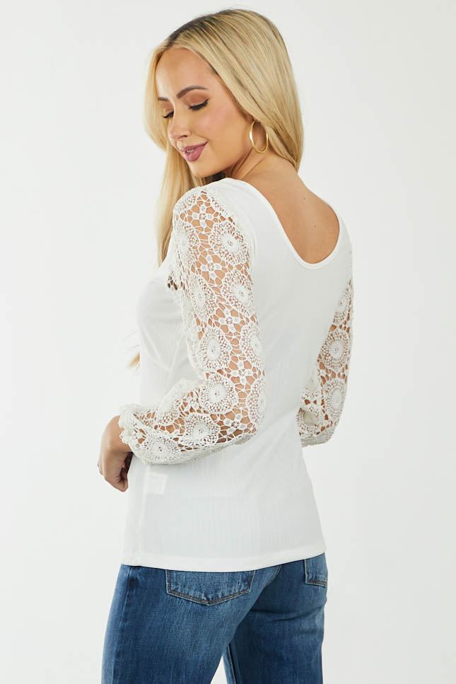 Ivory Crochet Sleeve Babydoll Ribbed Knit Top