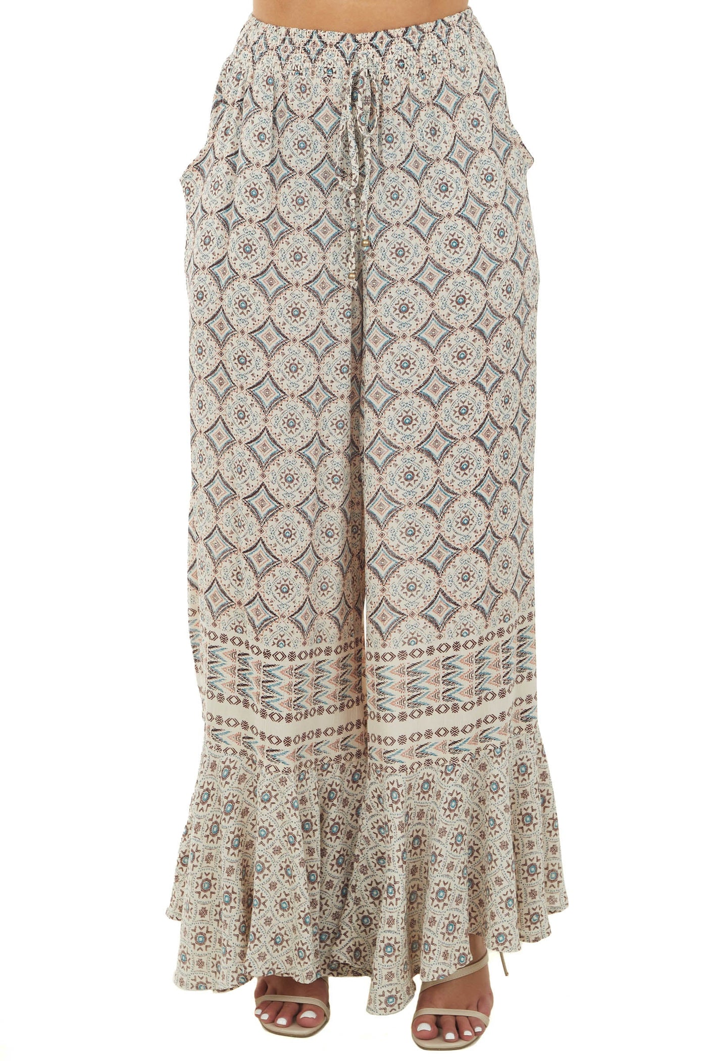 Ivory Diamond Printed Flare Bell Bottom Pants