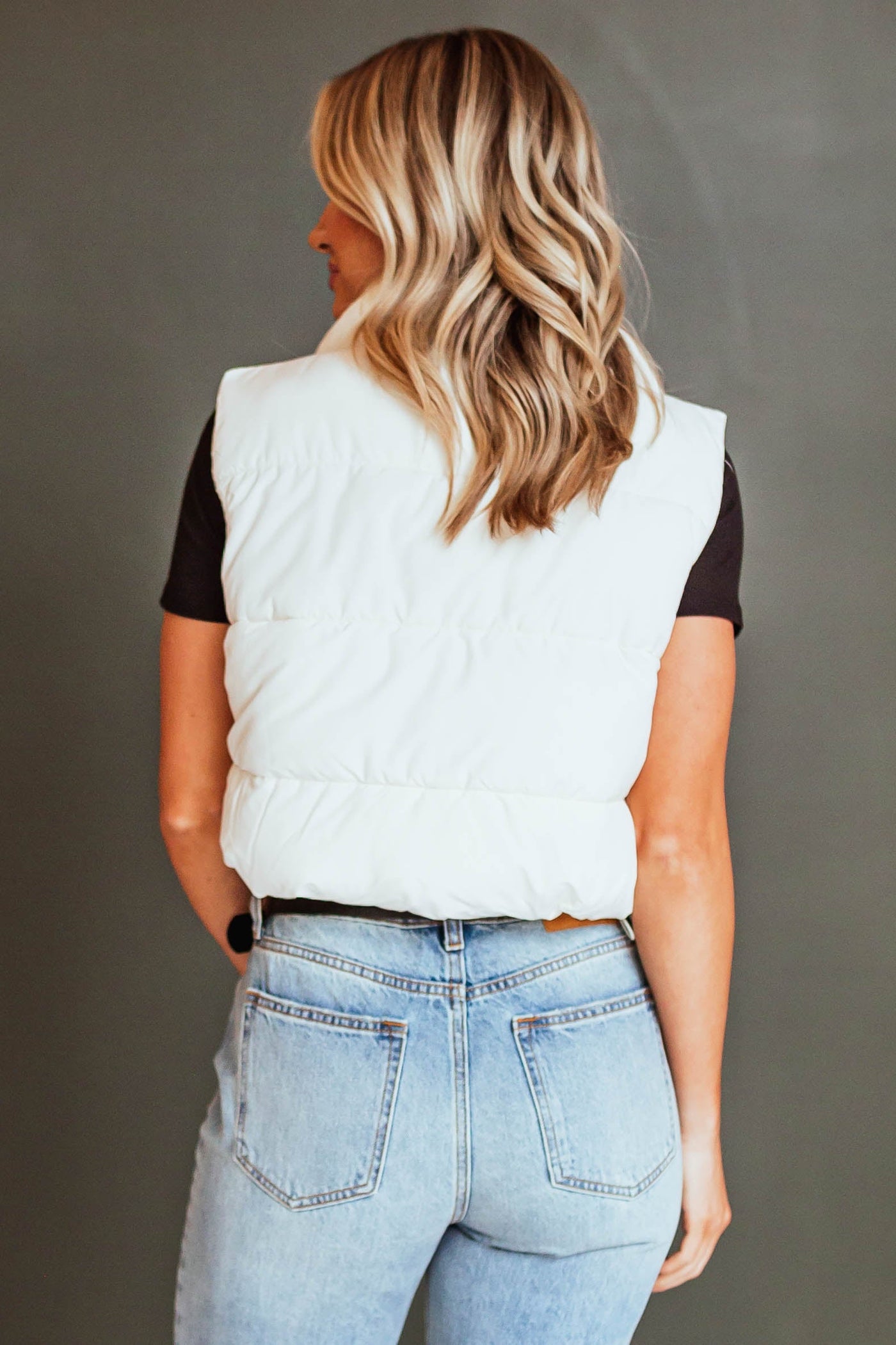 Ivory Drawstring Hem Zip Up Puffer Vest