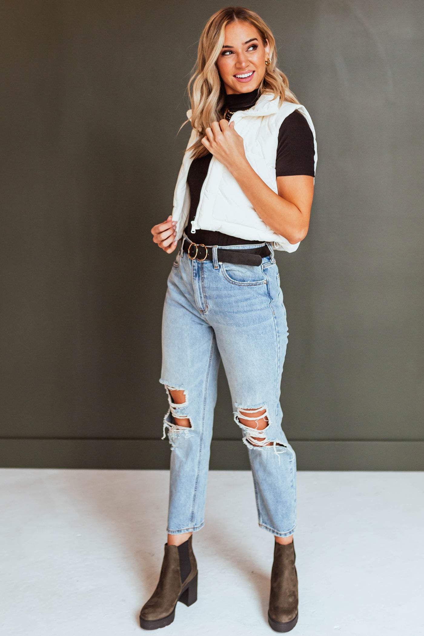 Ivory Drawstring Hem Zip Up Puffer Vest