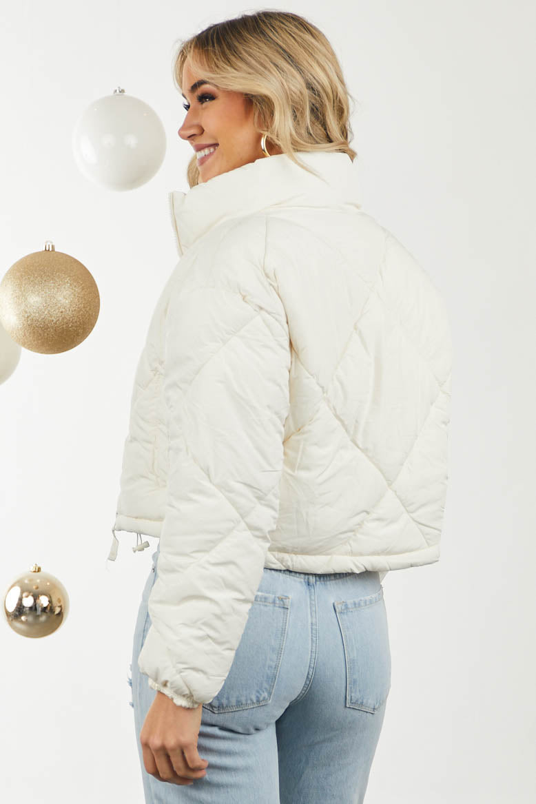 Ivory Drawstring Hemline Zip Up Quilted Coat