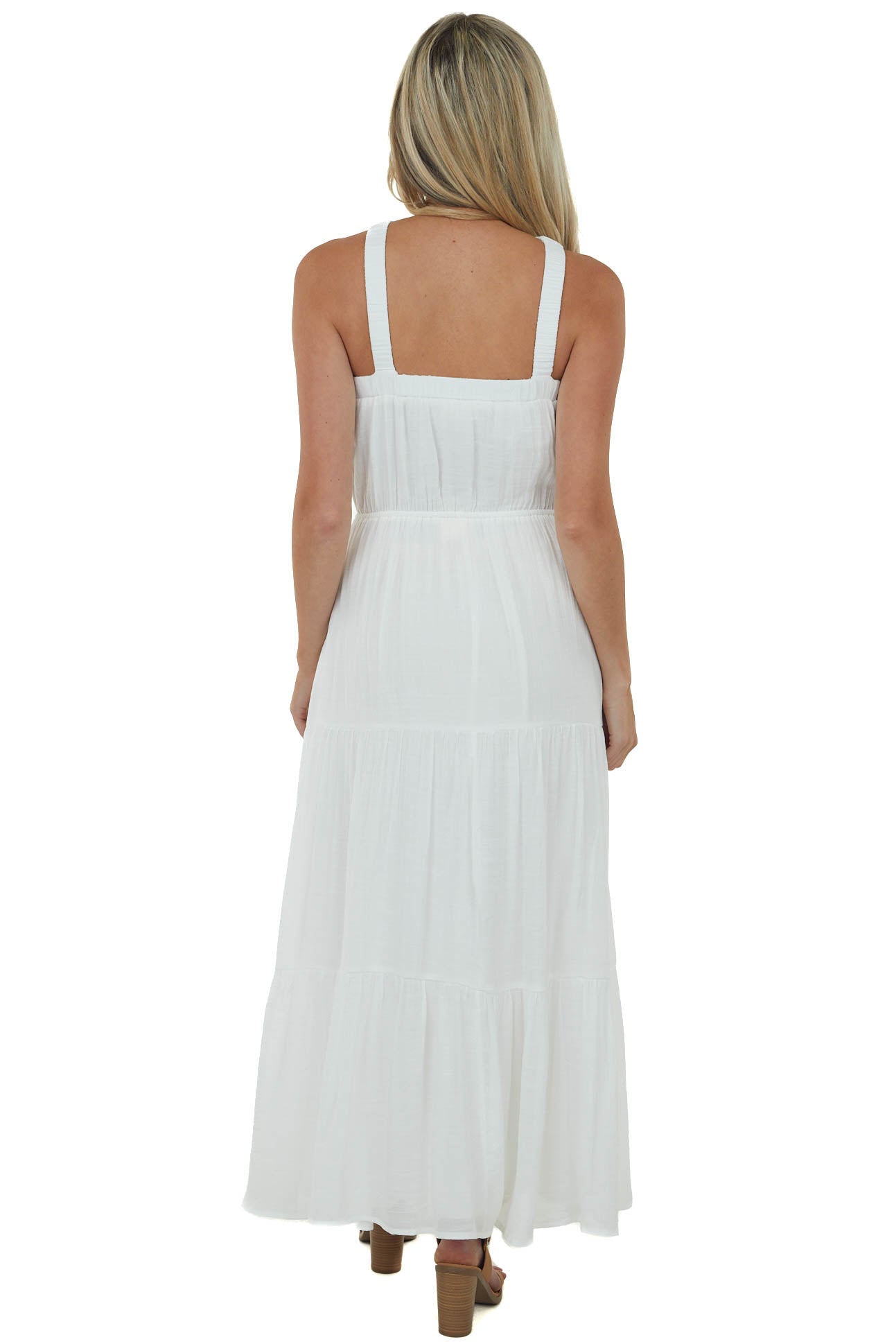Ivory Elastic Halter Neck Tiered Maxi Dress