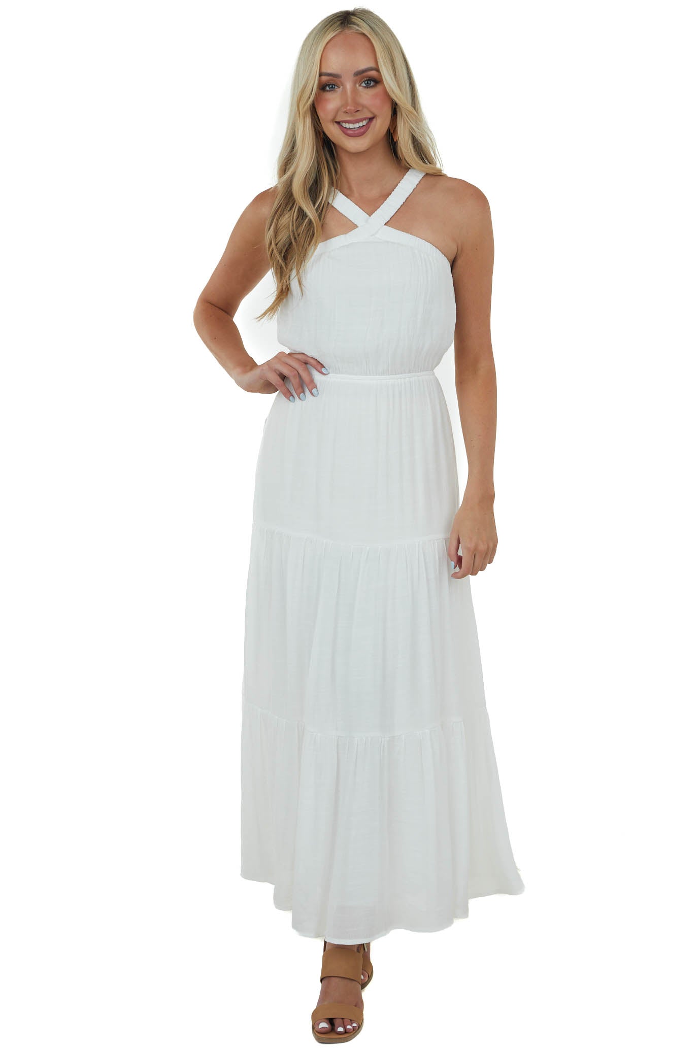 Ivory Elastic Halter Neck Tiered Maxi Dress
