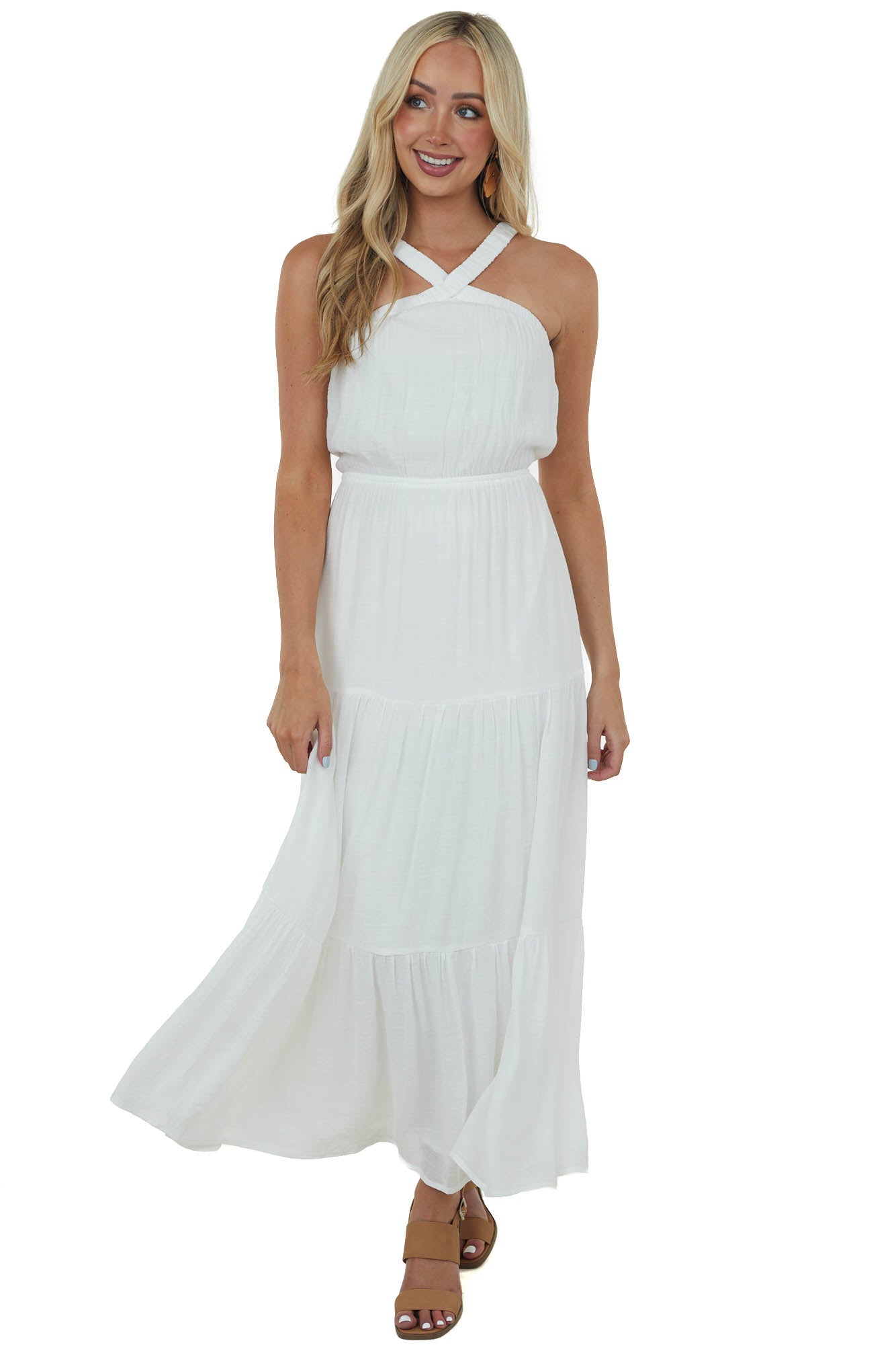 Ivory Elastic Halter Neck Tiered Maxi Dress