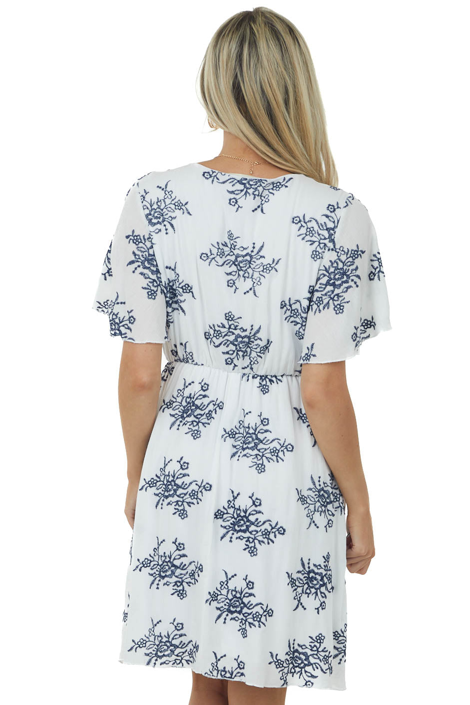 Ivory Embroidered Floral Print Short Sleeve Dress