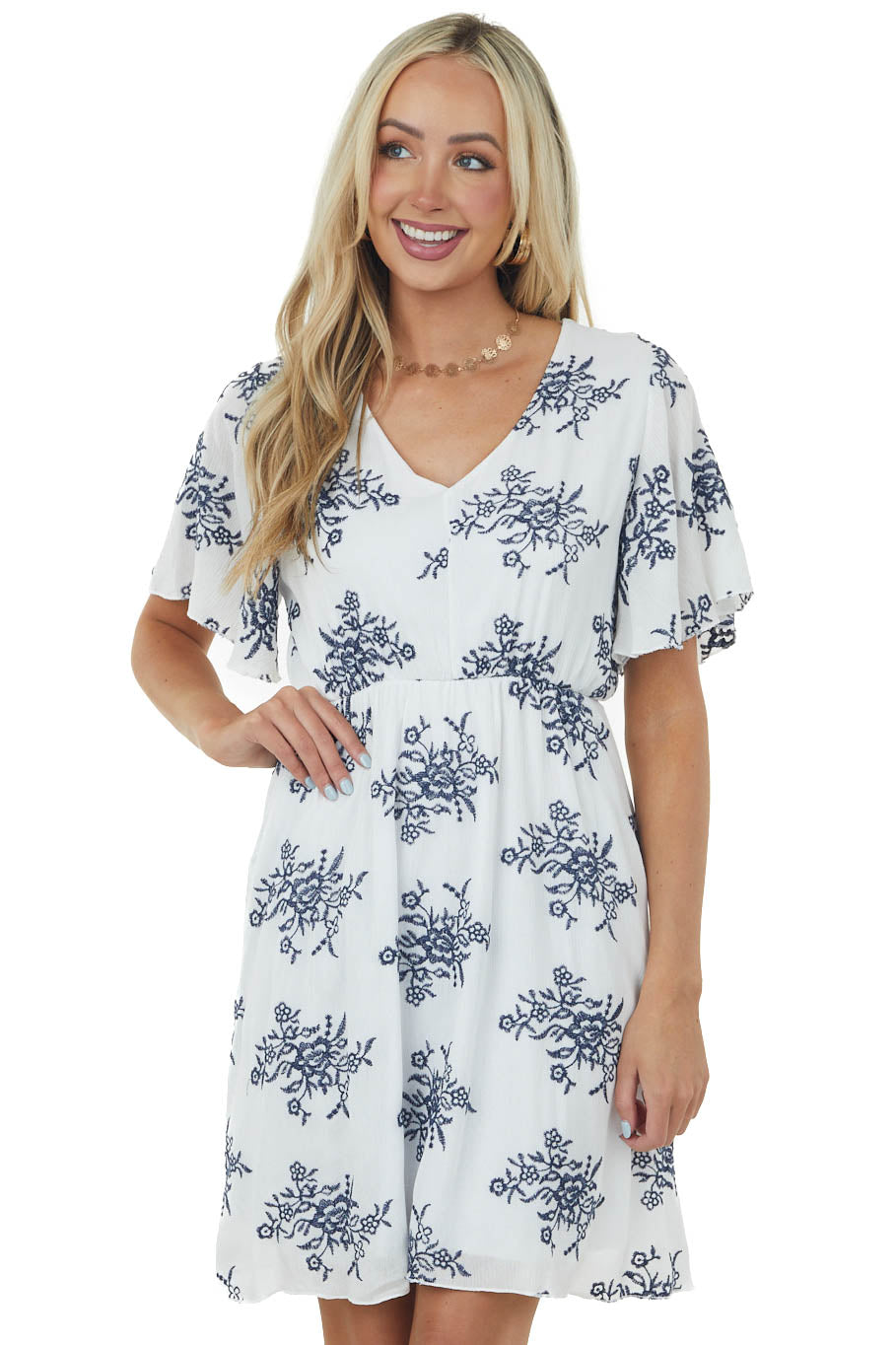 Ivory Embroidered Floral Print Short Sleeve Dress