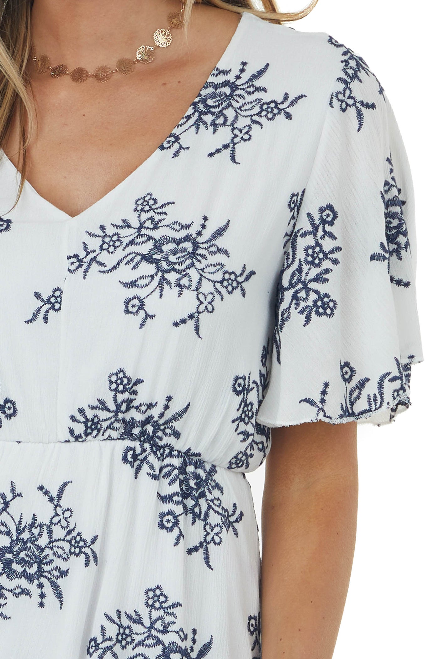 Ivory Embroidered Floral Print Short Sleeve Dress