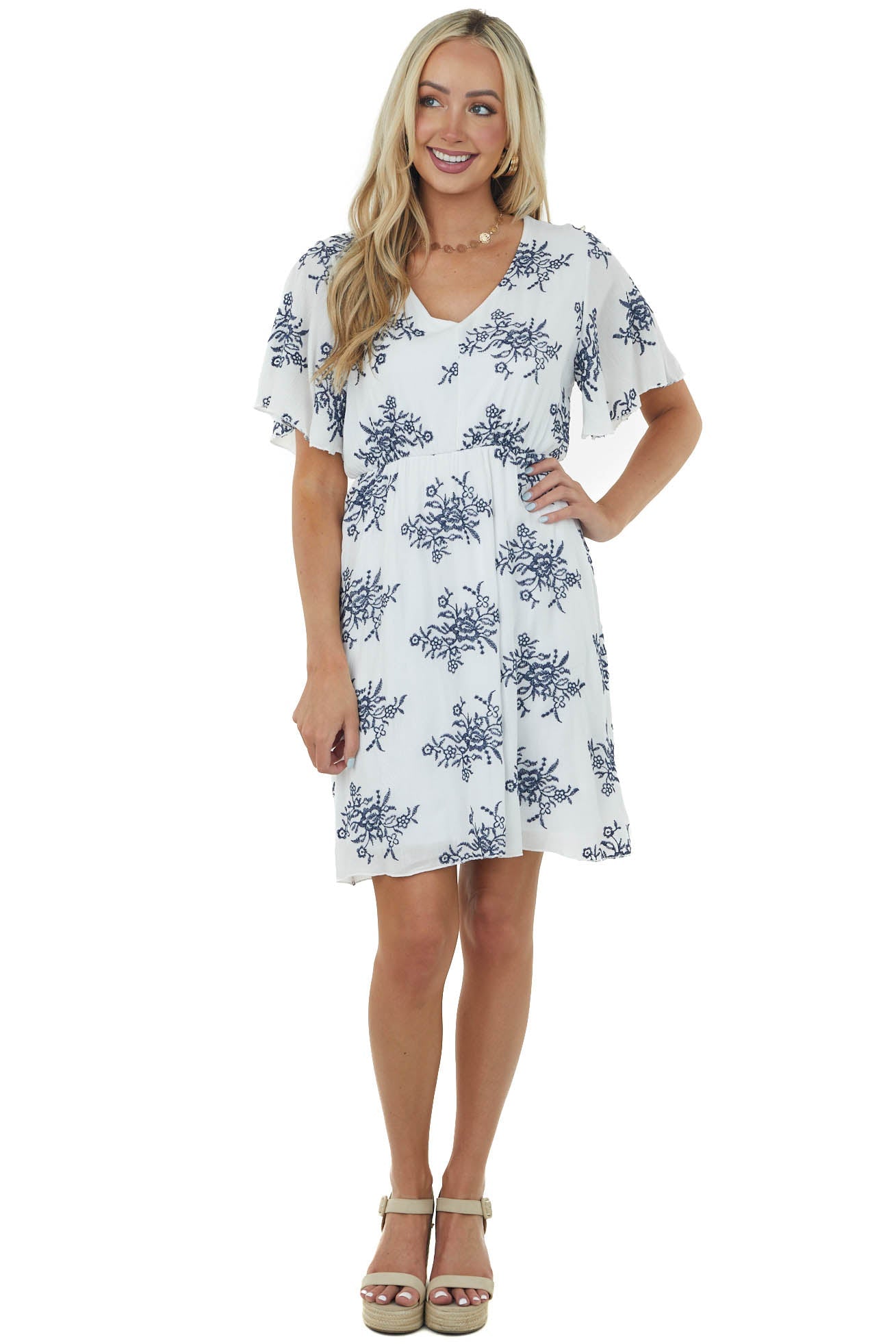 Ivory Embroidered Floral Print Short Sleeve Dress