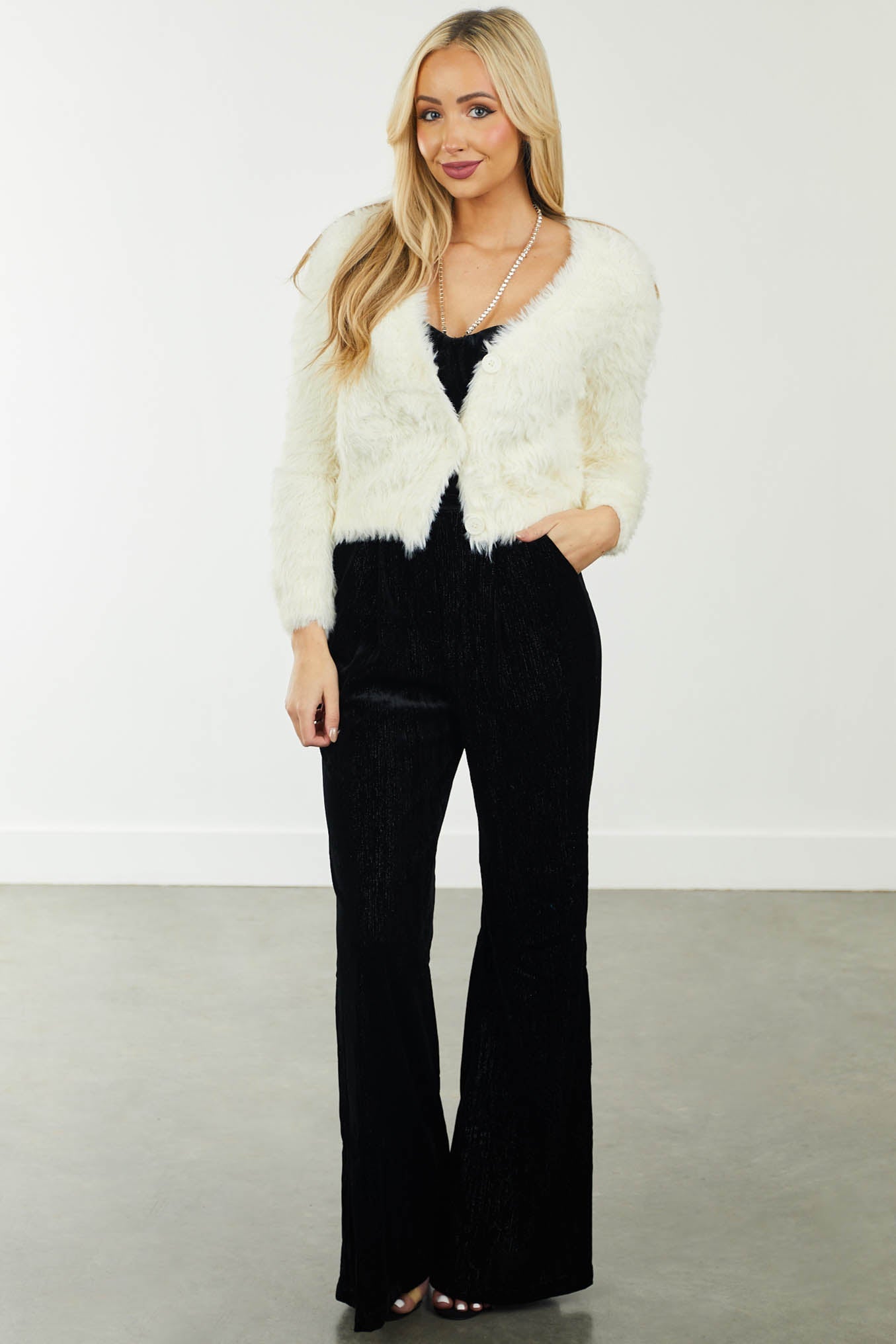 Ivory Faux Fur Button Up Cropped Cardigan