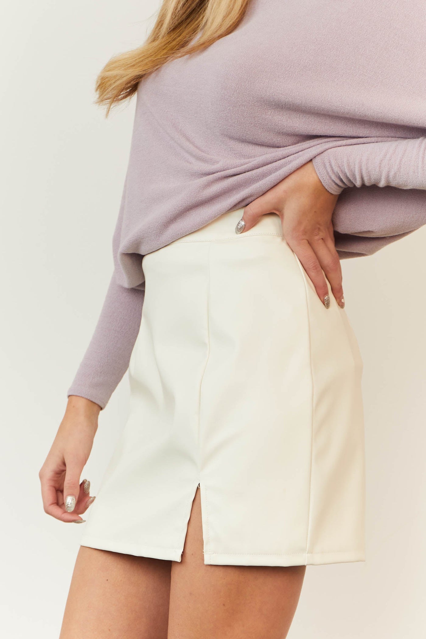 Ivory Faux Leather Slit Mini Skirt