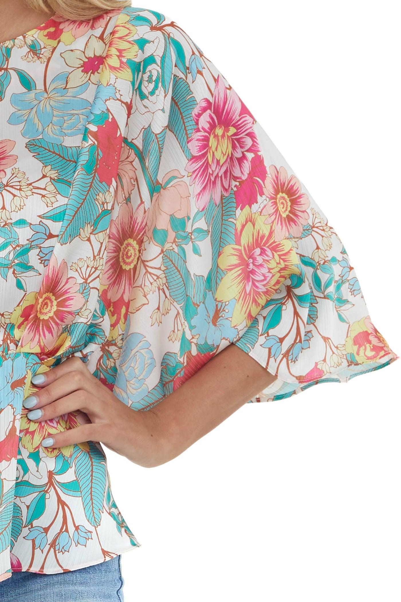 Ivory Floral Kimono Sleeve Peplum Blouse