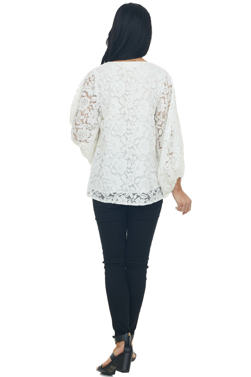 Ivory Floral Lace Long Bubble Sleeve Blouse