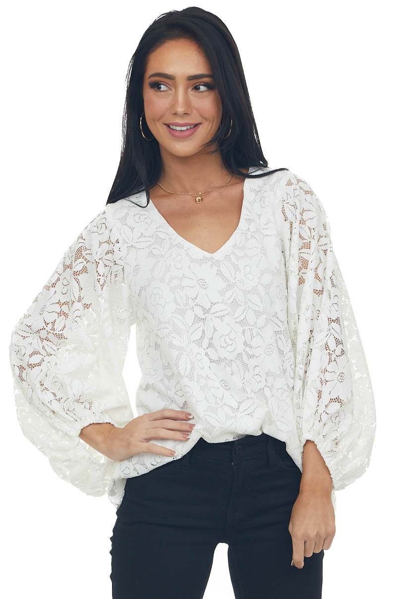 Ivory Floral Lace Long Bubble Sleeve Blouse