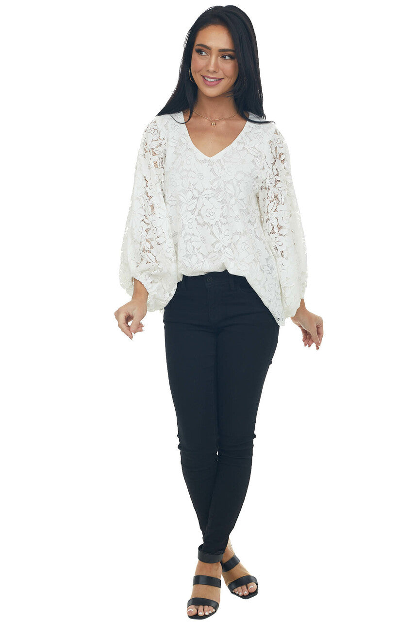 Ivory Floral Lace Long Bubble Sleeve Blouse