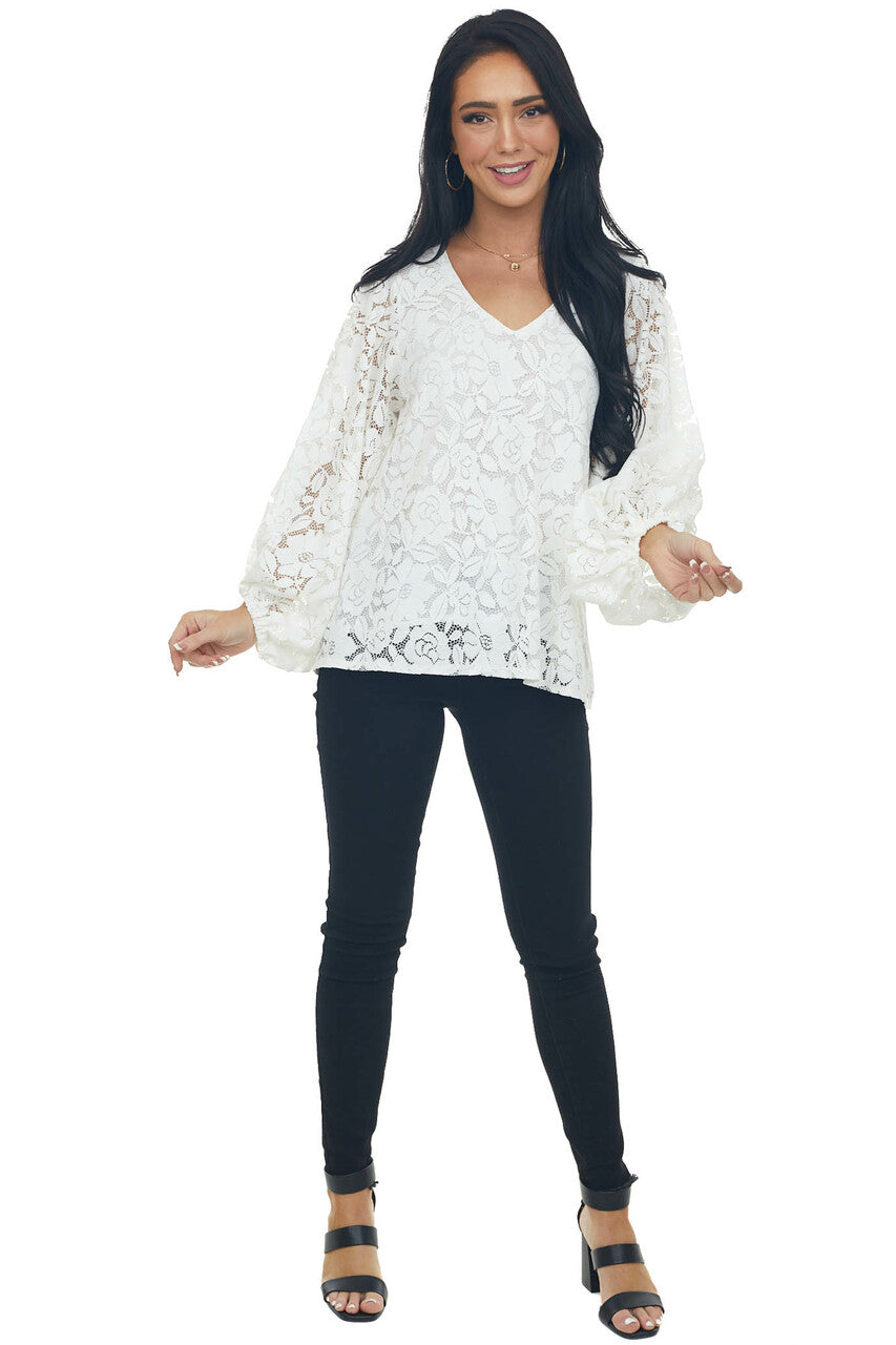 Ivory Floral Lace Long Bubble Sleeve Blouse