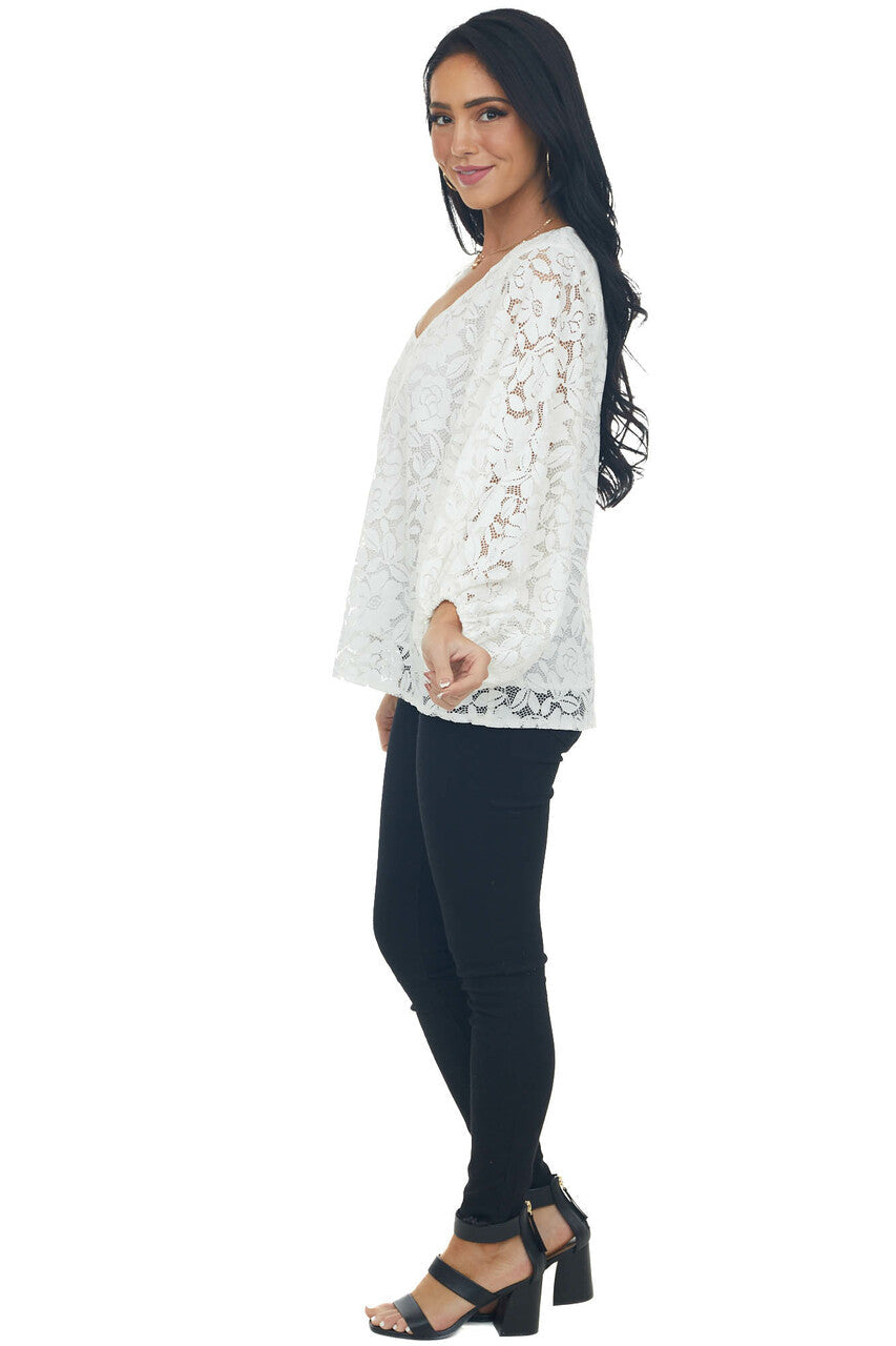 Ivory Floral Lace Long Bubble Sleeve Blouse