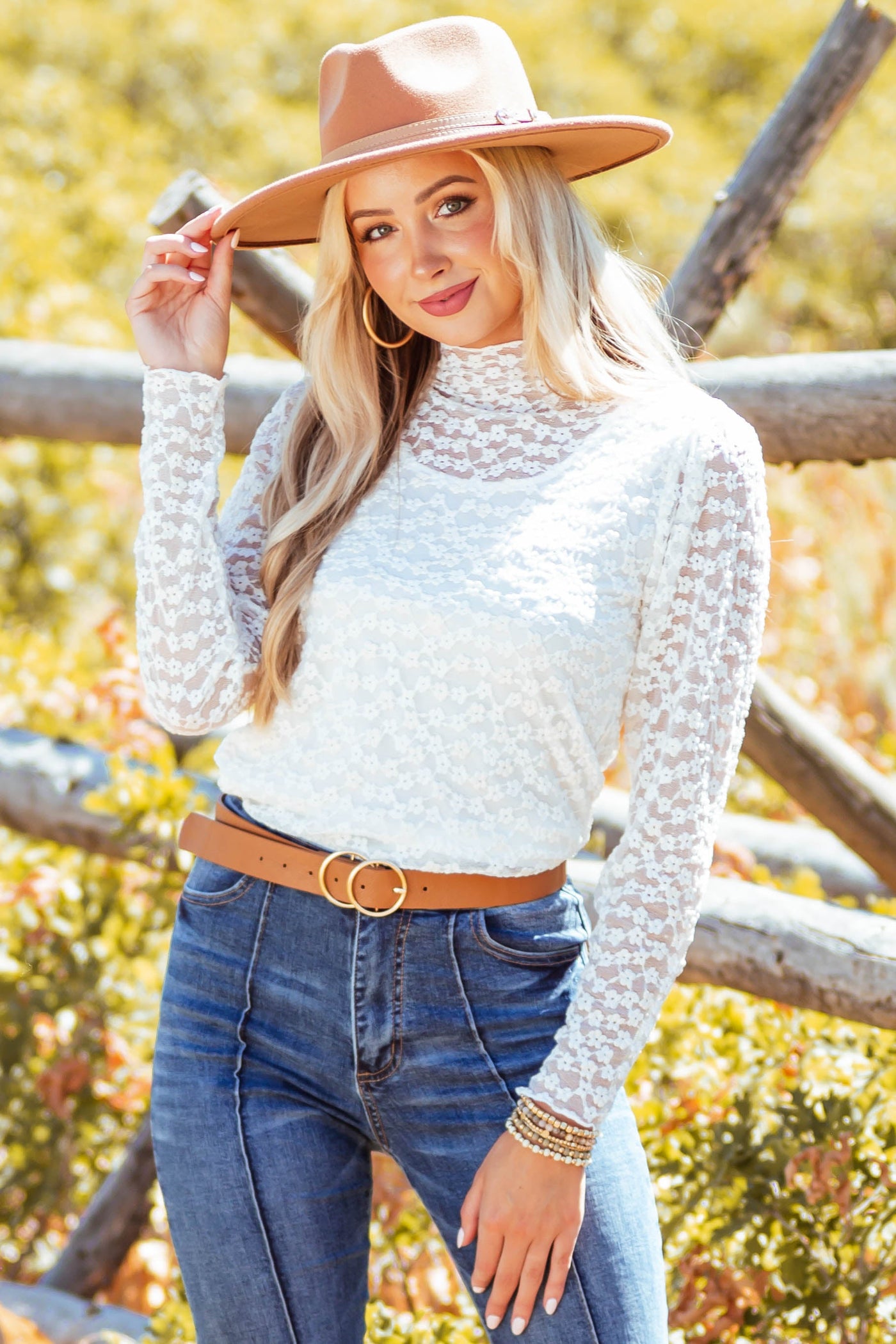 Ivory Floral Lace Long Sleeve Mesh Top