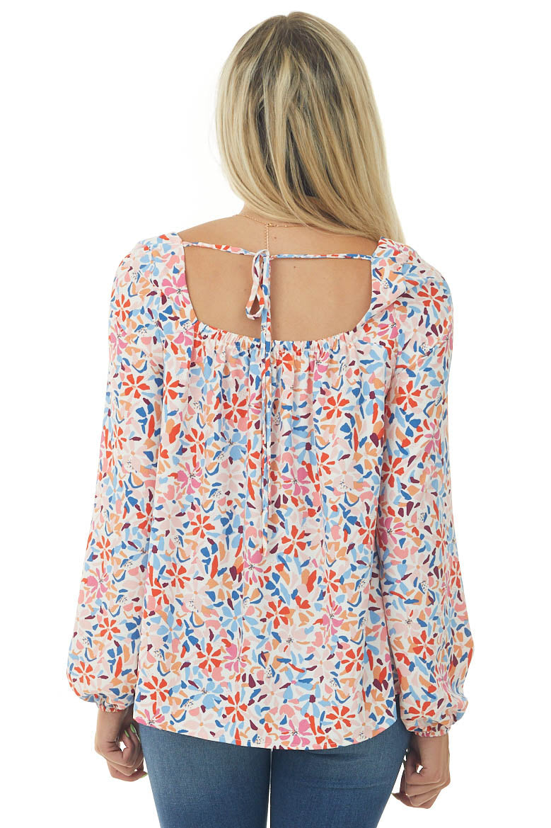 Ivory Floral Print Long Puff Sleeve Woven Top