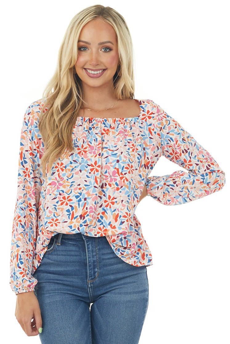 Ivory Floral Print Long Puff Sleeve Woven Top