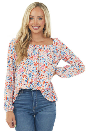 Ivory Floral Print Long Puff Sleeve Woven Top