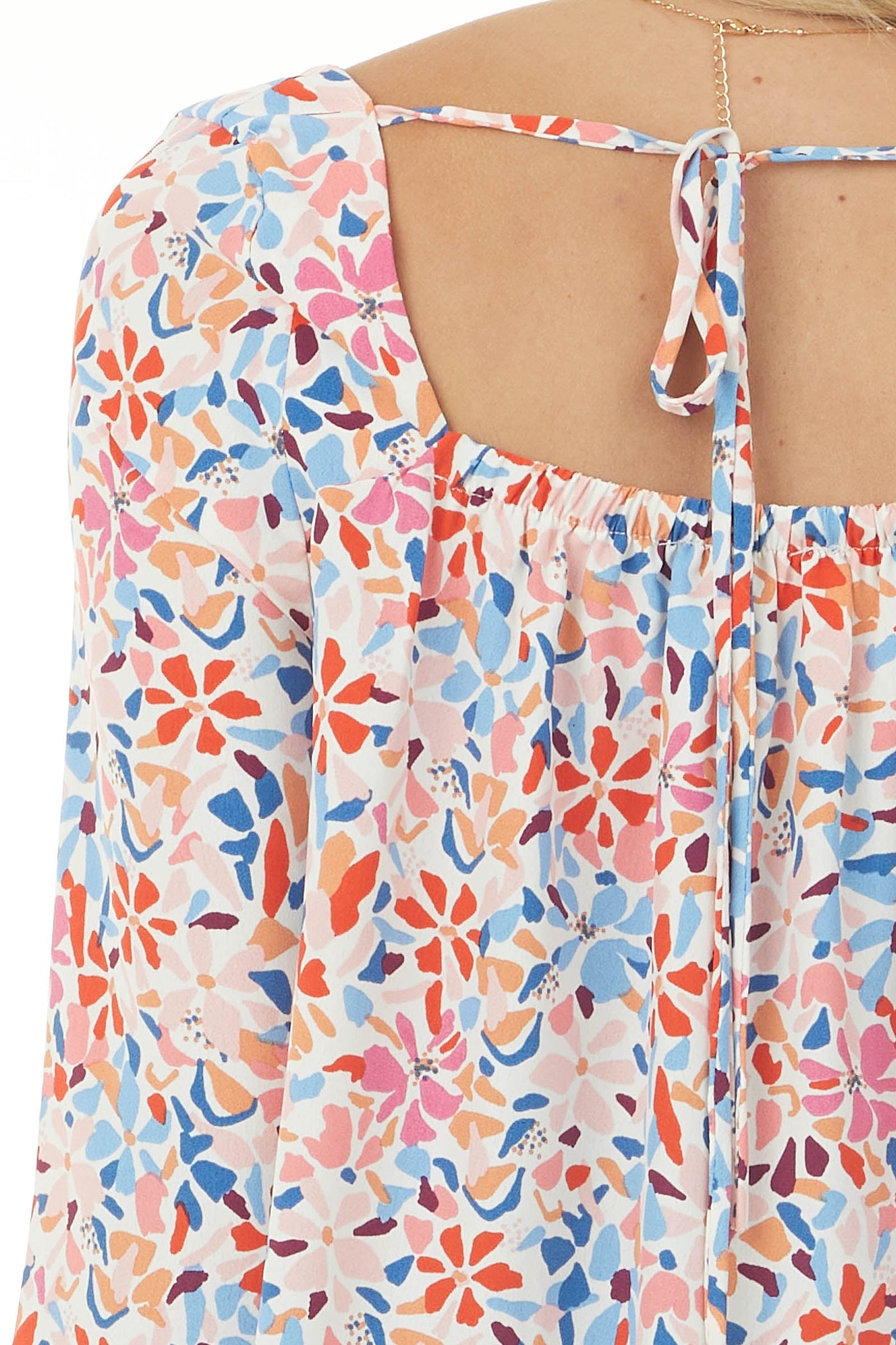 Ivory Floral Print Long Puff Sleeve Woven Top