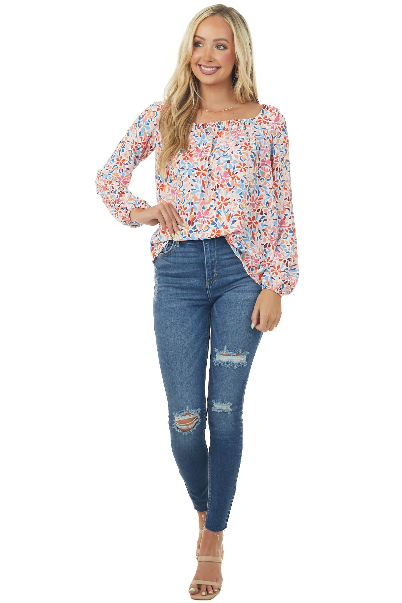 Ivory Floral Print Long Puff Sleeve Woven Top