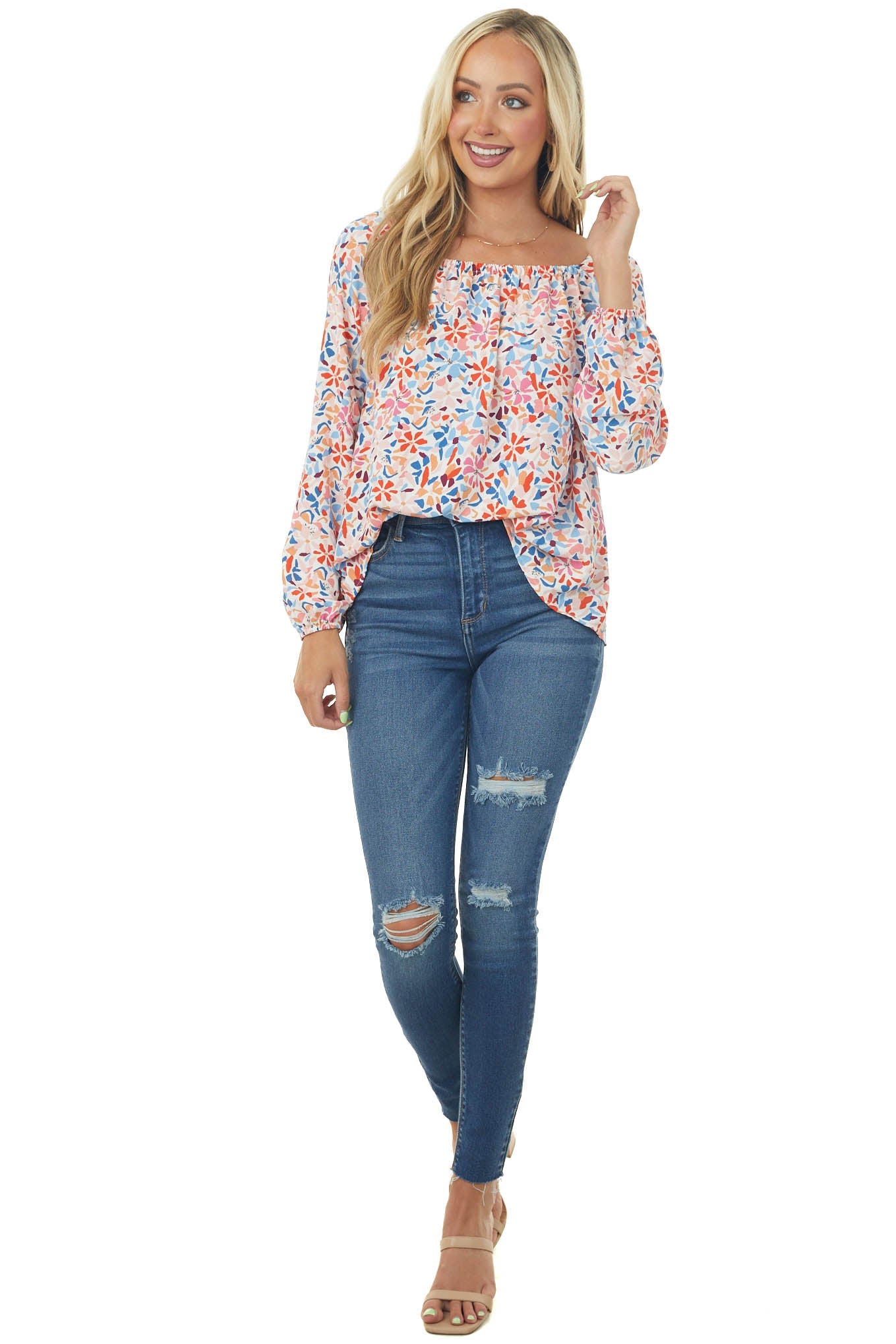 Ivory Floral Print Long Puff Sleeve Woven Top
