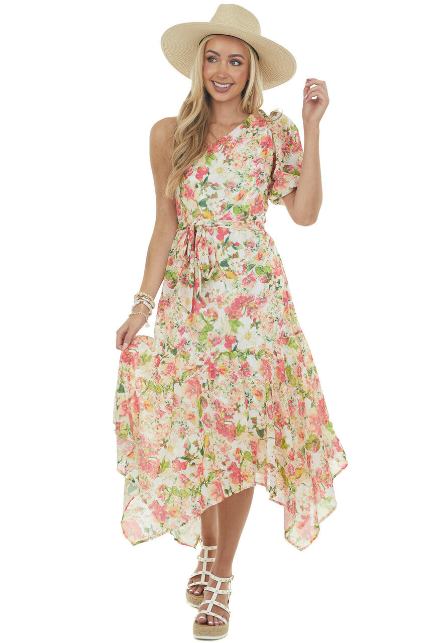 Ivory Floral Print One Shoulder Midi Dress