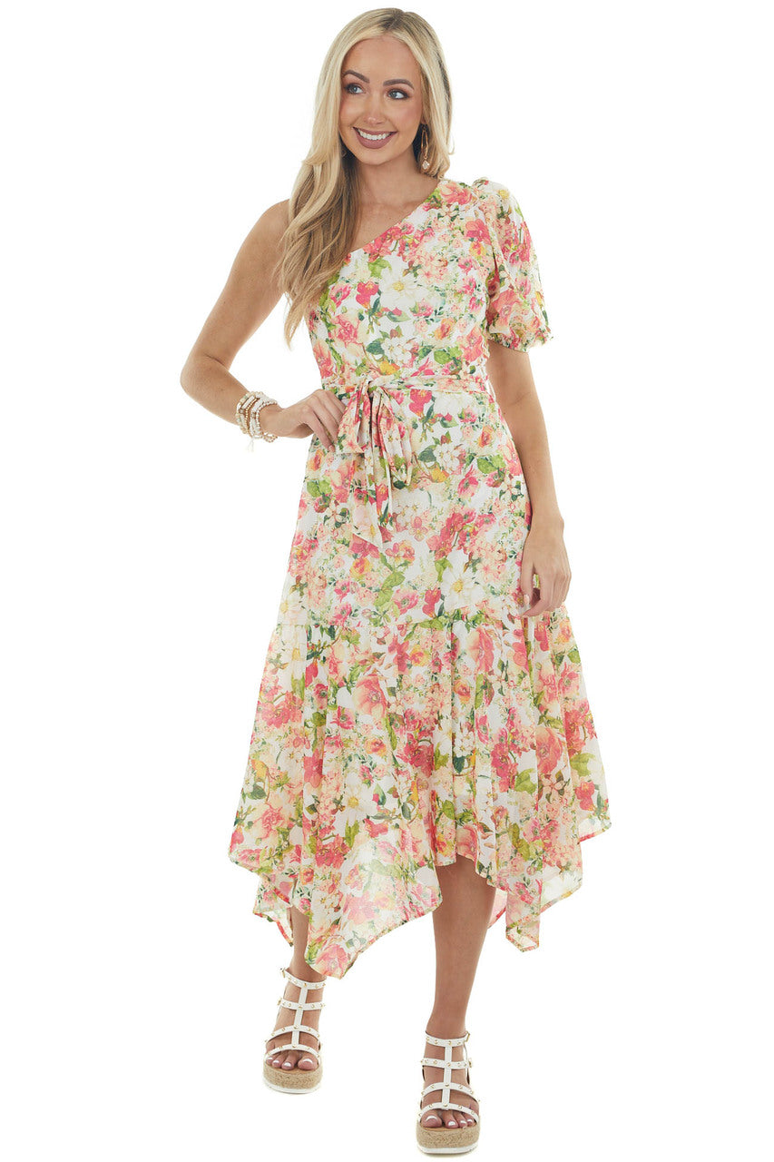 Ivory Floral Print One Shoulder Midi Dress