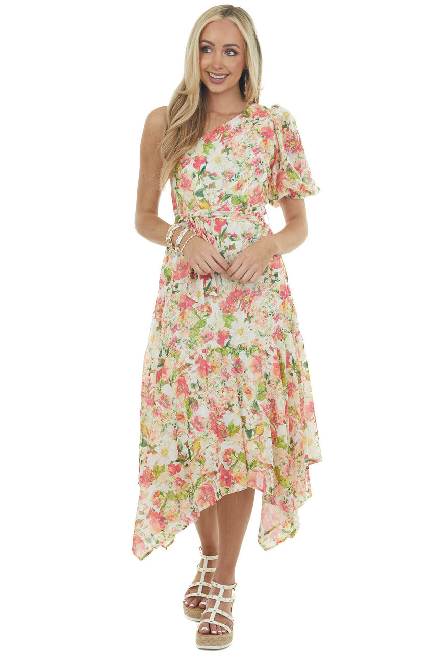 Ivory Floral Print One Shoulder Midi Dress