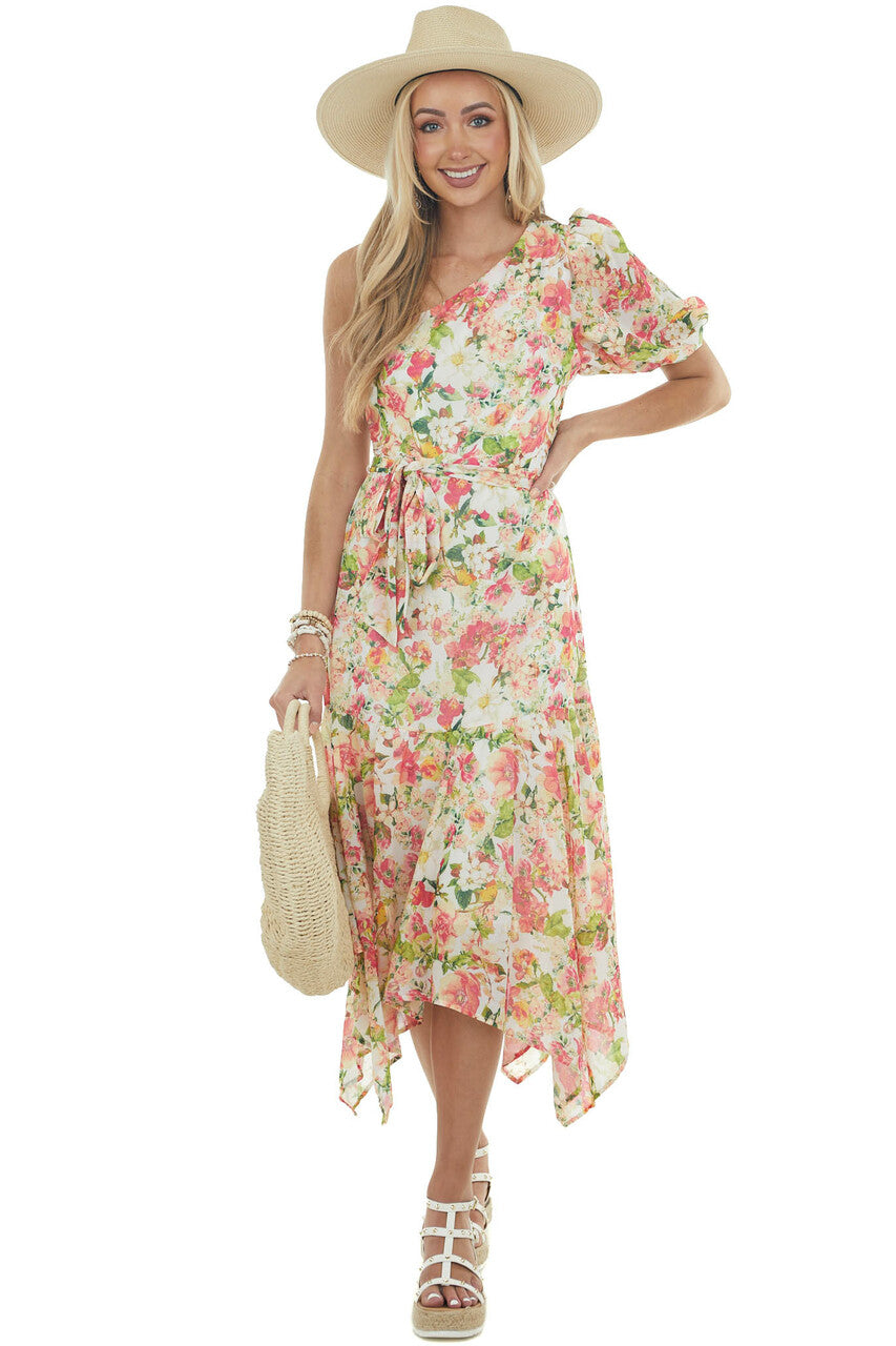 Ivory Floral Print One Shoulder Midi Dress