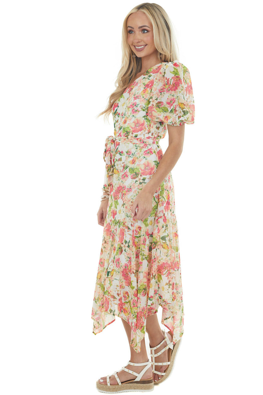 Ivory Floral Print One Shoulder Midi Dress