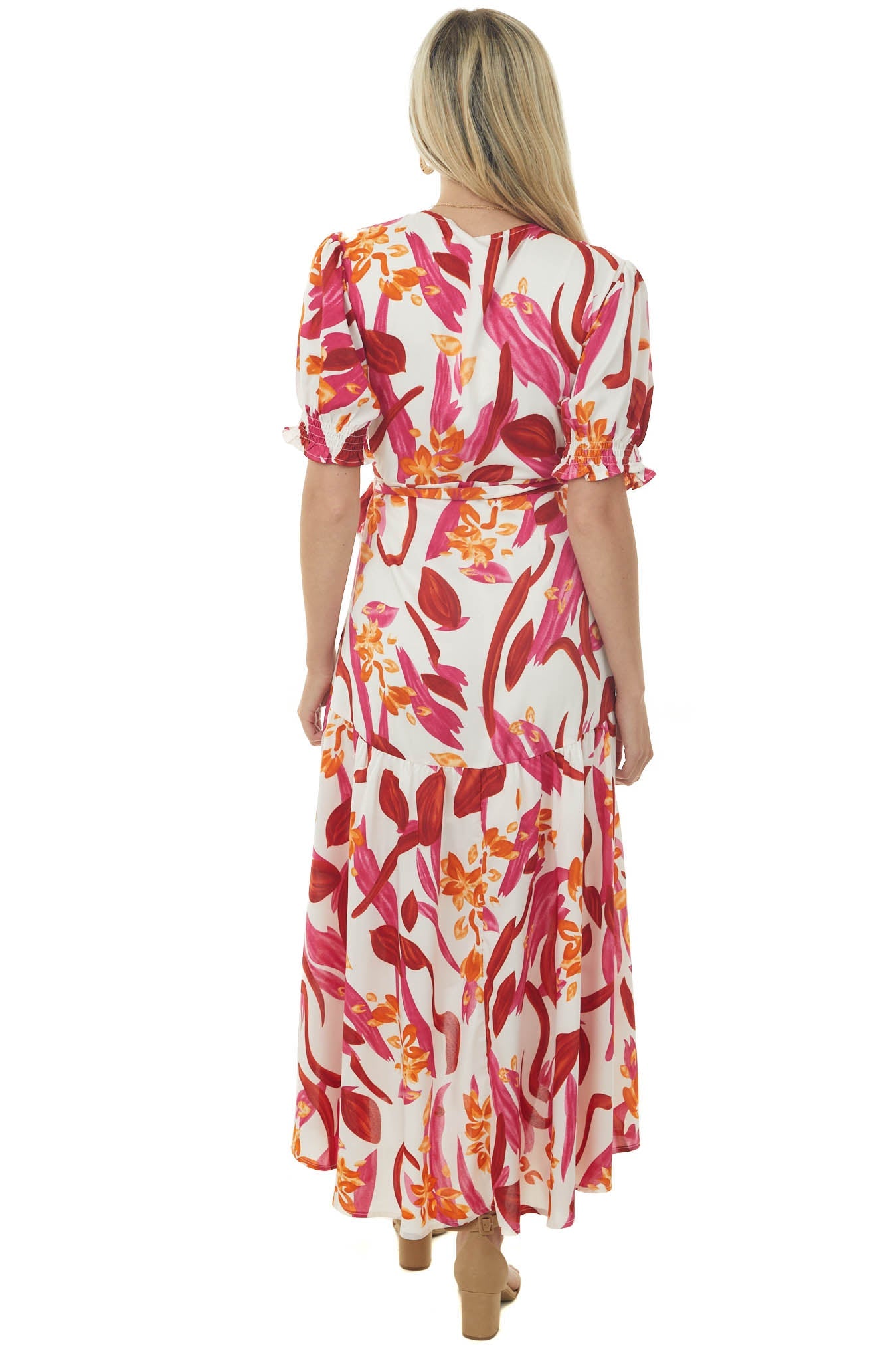 Ivory Floral Print Puff Sleeve Wrap Maxi Dress