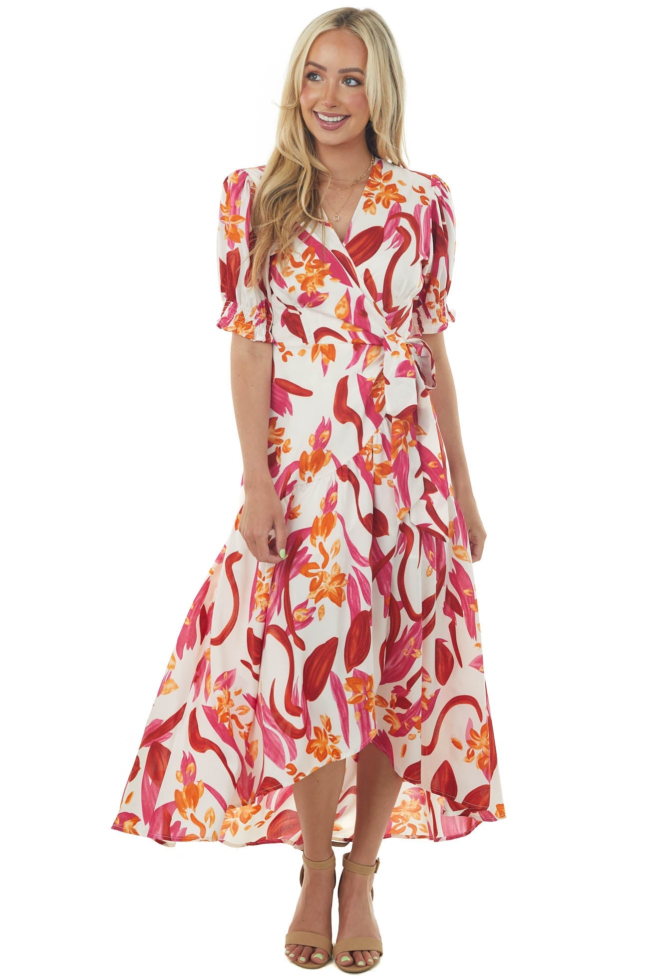 Ivory Floral Print Puff Sleeve Wrap Maxi Dress