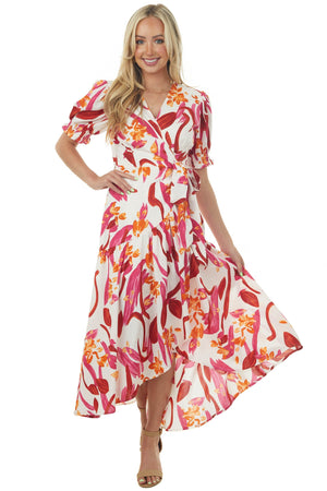 Ivory Floral Print Puff Sleeve Wrap Maxi Dress