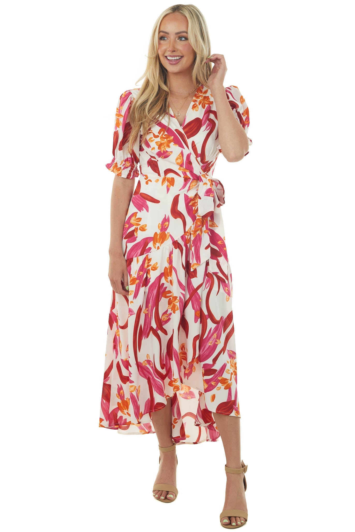 Ivory Floral Print Puff Sleeve Wrap Maxi Dress