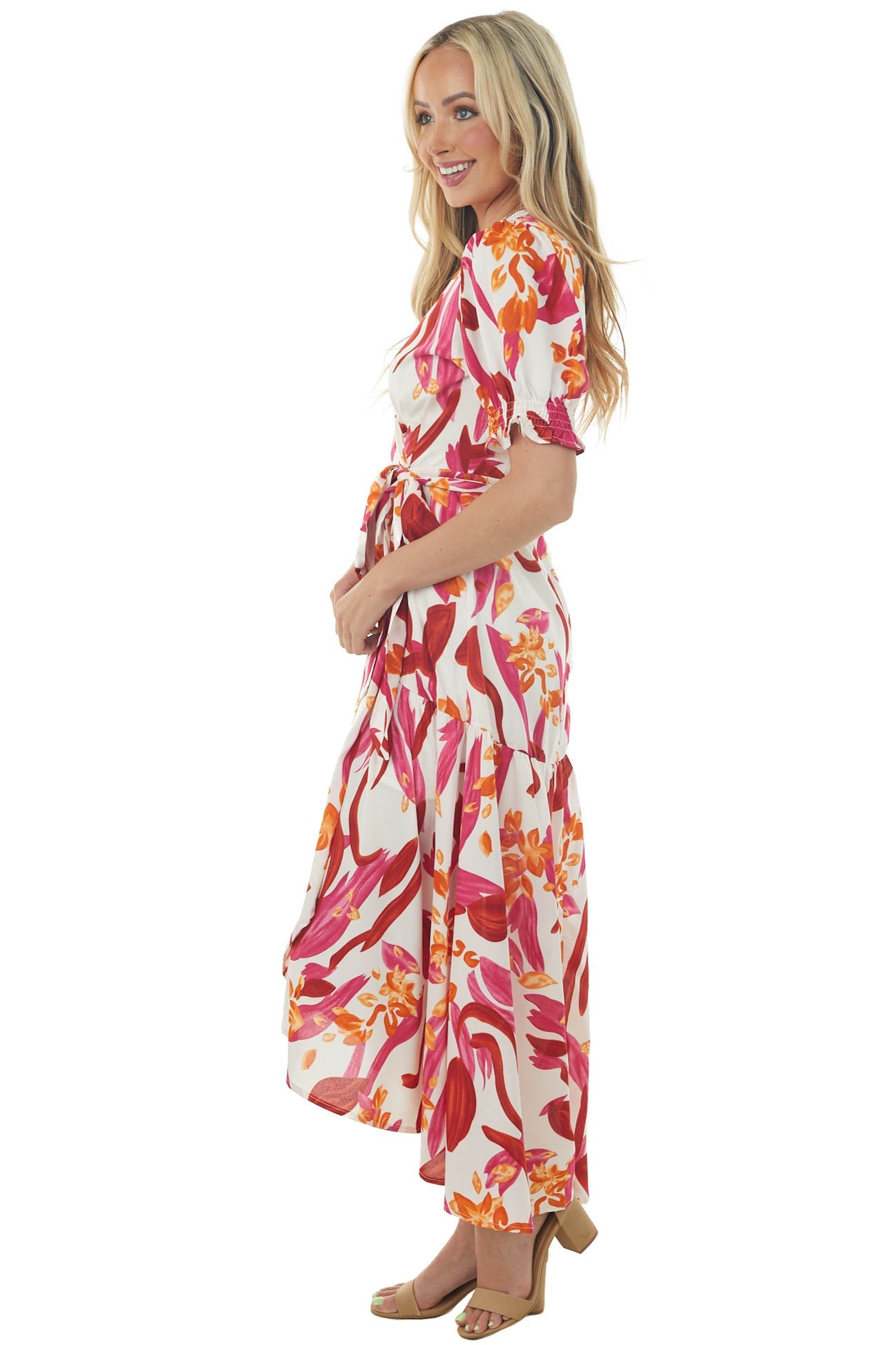 Ivory Floral Print Puff Sleeve Wrap Maxi Dress