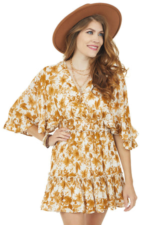 Ivory Floral Print Ruffle Sleeve Surplice Dress